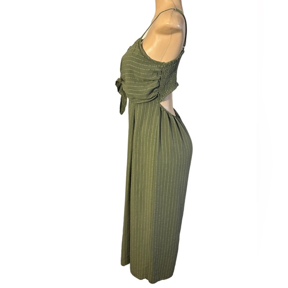 Flying Tomato Pants - FLYING TOMATO ~ Size L~ Olive Green Stripe Front Tie Open Back Wide Leg Jumpsuit